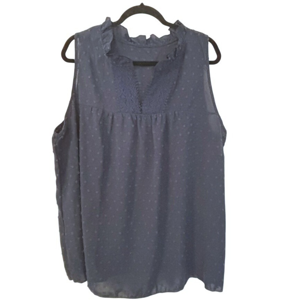 Navy Blue Swiss Dot Sleeveless Ruffle Neck Blouse 3XL Boho Romantic Coquette